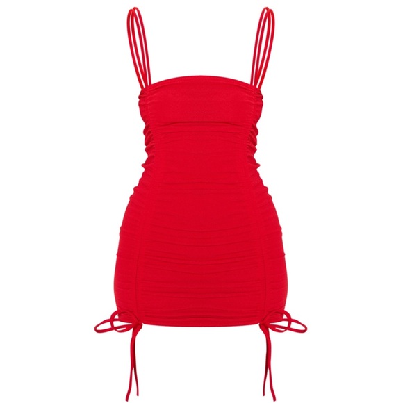 PrettyLittleThing Red Ruched Front Strappy Bodycon Dress - Picture 5 of 7